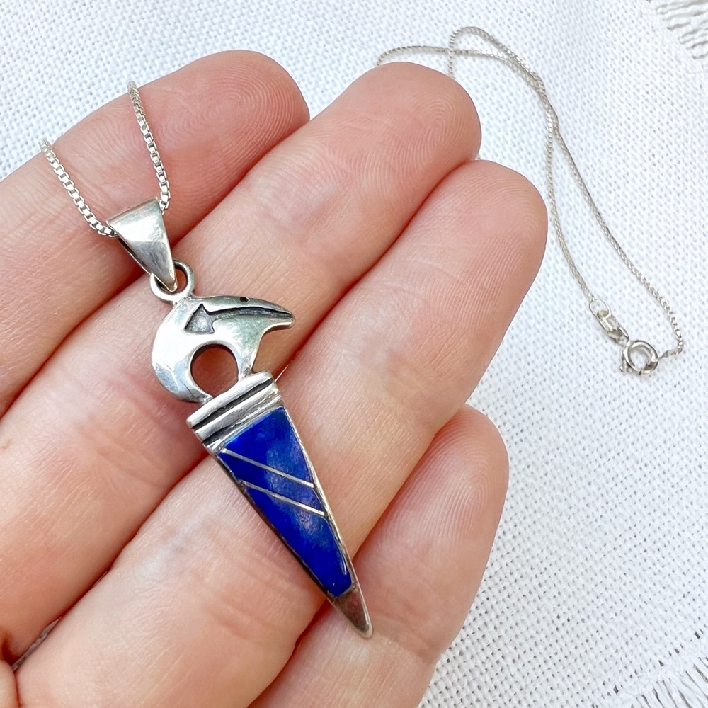 VINTAGE Southwestern Lapis & Sterling Silver Spirit Bear Pendant Necklace Unisex
